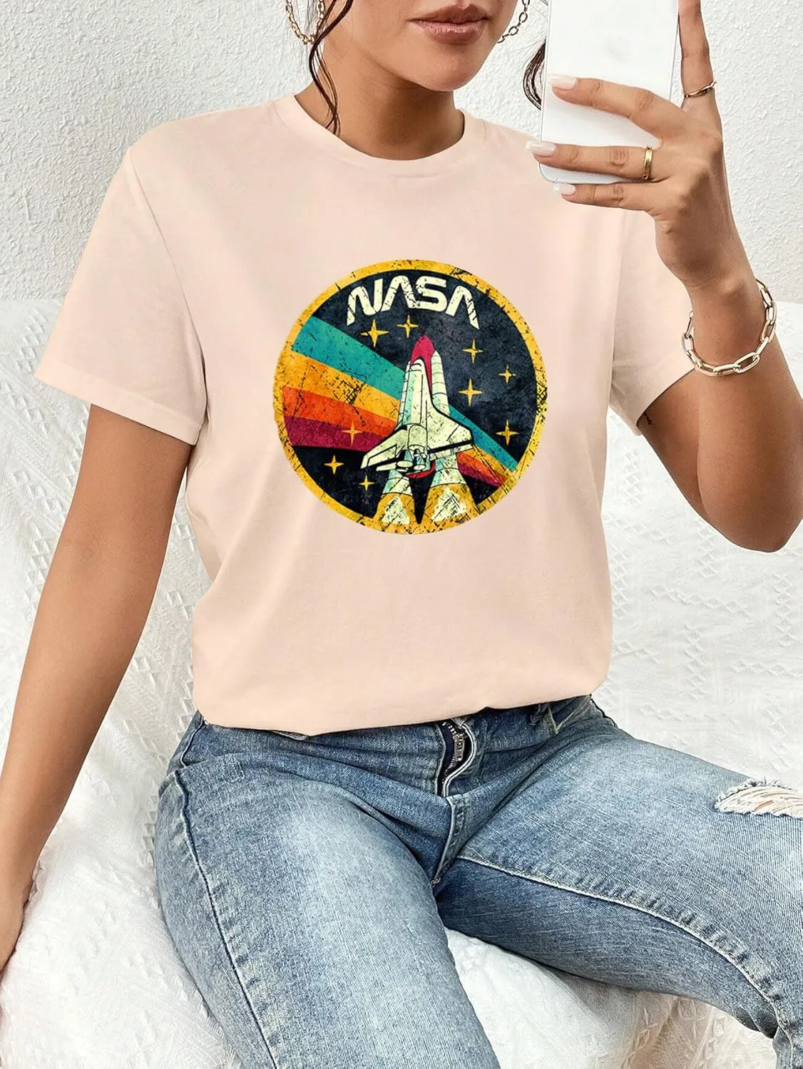 Nicetage Women Vintage Space Shuttle Graphic T-Shirt NASA Letter Print Shirt Casual Tee Tops