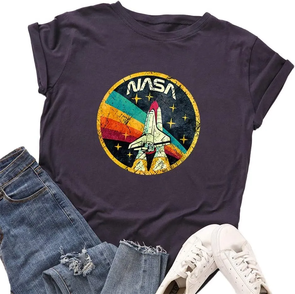 Nicetage Women Vintage Space Shuttle Graphic T-Shirt NASA Letter Print Shirt Casual Tee Tops