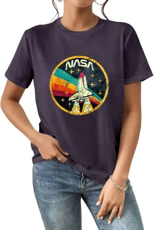 Nicetage Women Vintage Space Shuttle Graphic T-Shirt NASA Letter Print Shirt Casual Tee Tops