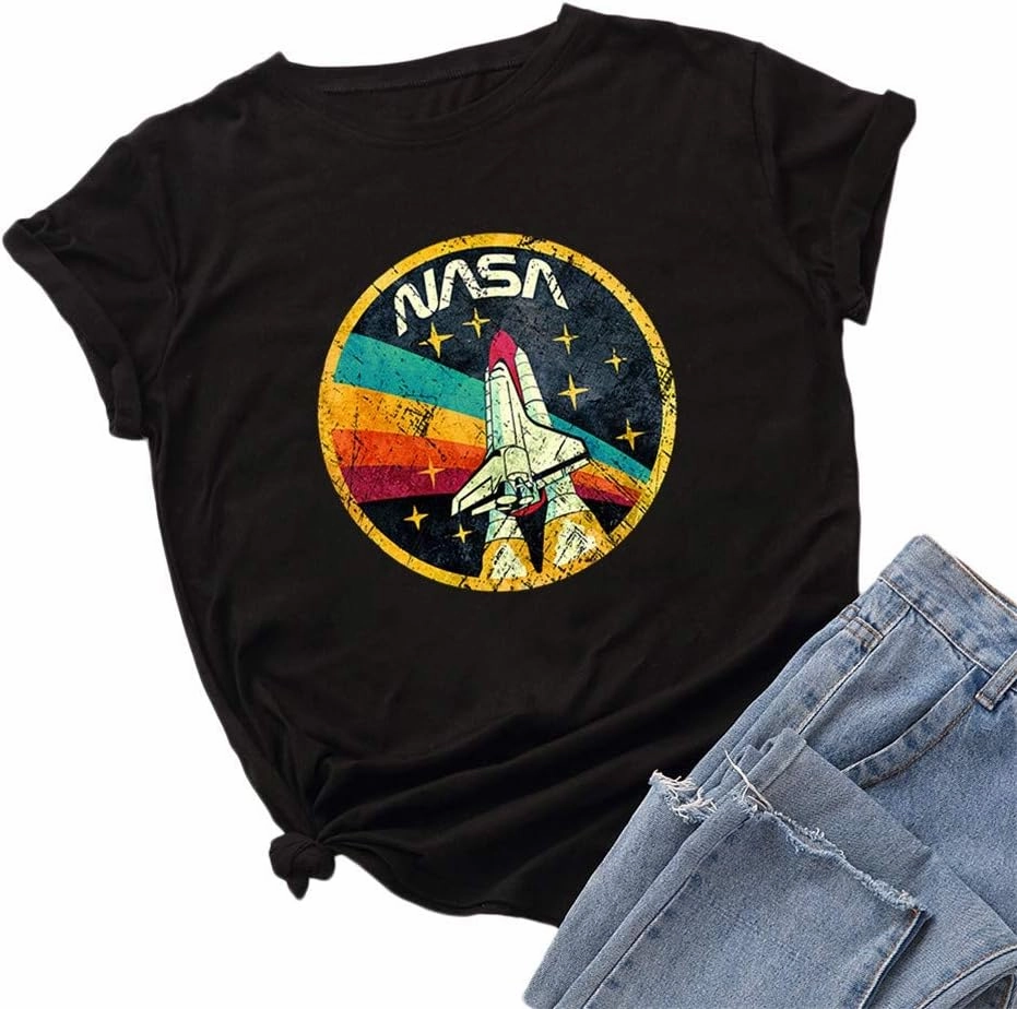 Nicetage Women Vintage Space Shuttle Graphic T-Shirt NASA Letter Print Shirt Casual Tee Tops