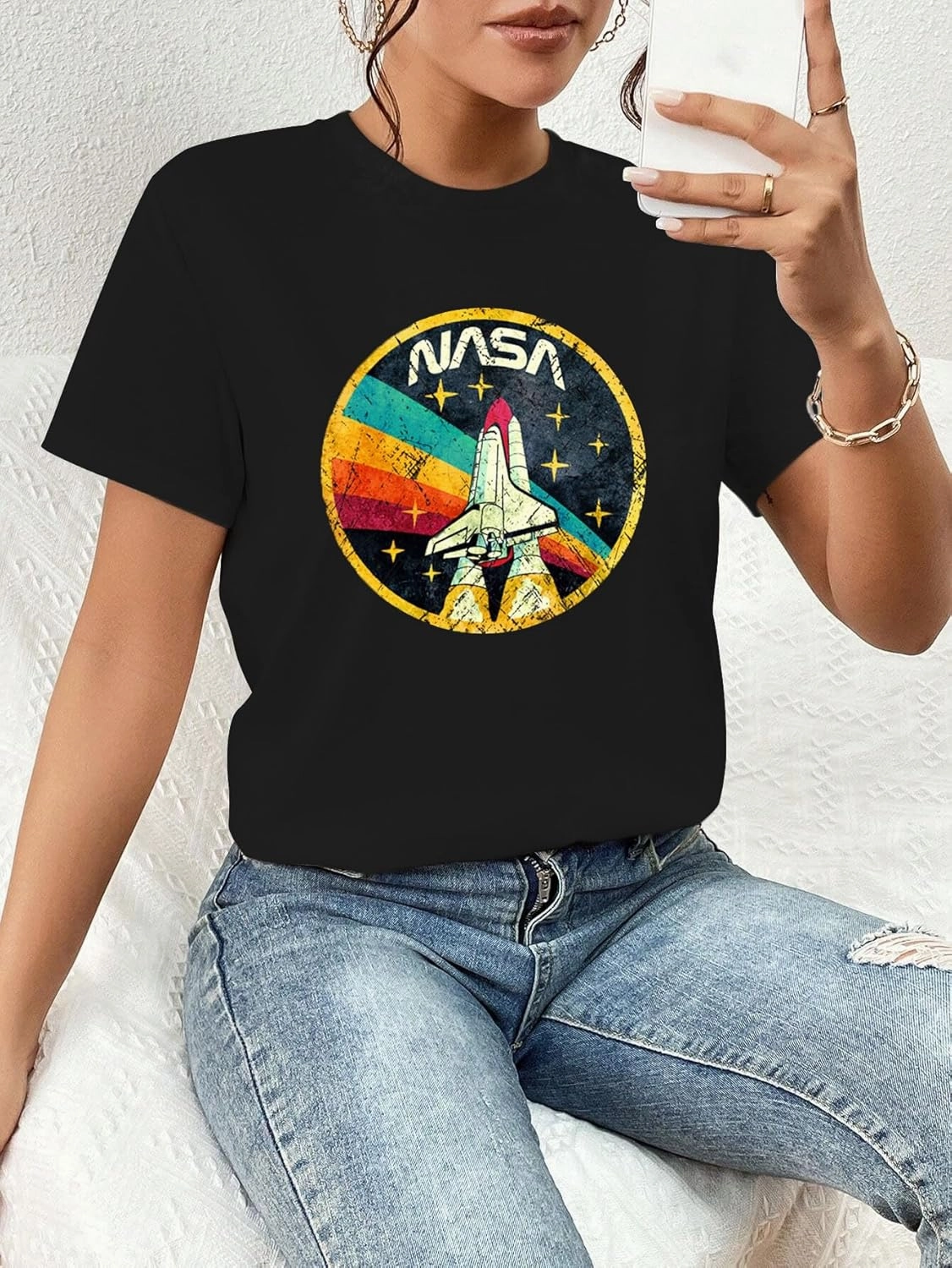 Nicetage Women Vintage Space Shuttle Graphic T-Shirt NASA Letter Print Shirt Casual Tee Tops