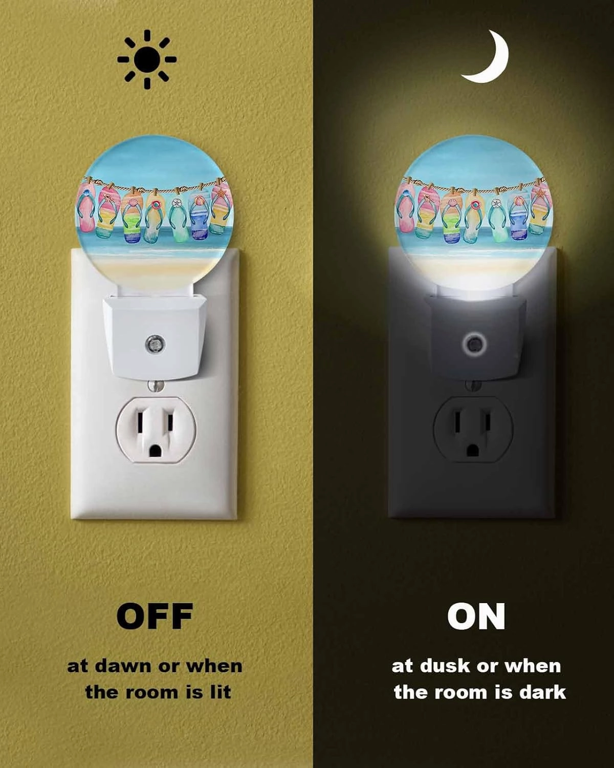 Night Lights Auto Sensor Slippers Night Light Blue Summer Beach Sky Round Lamp Plug-in LED Nightlights Dusk to Dawn for Living Room Bedroom Bathroom Hallway Home Wall Decor