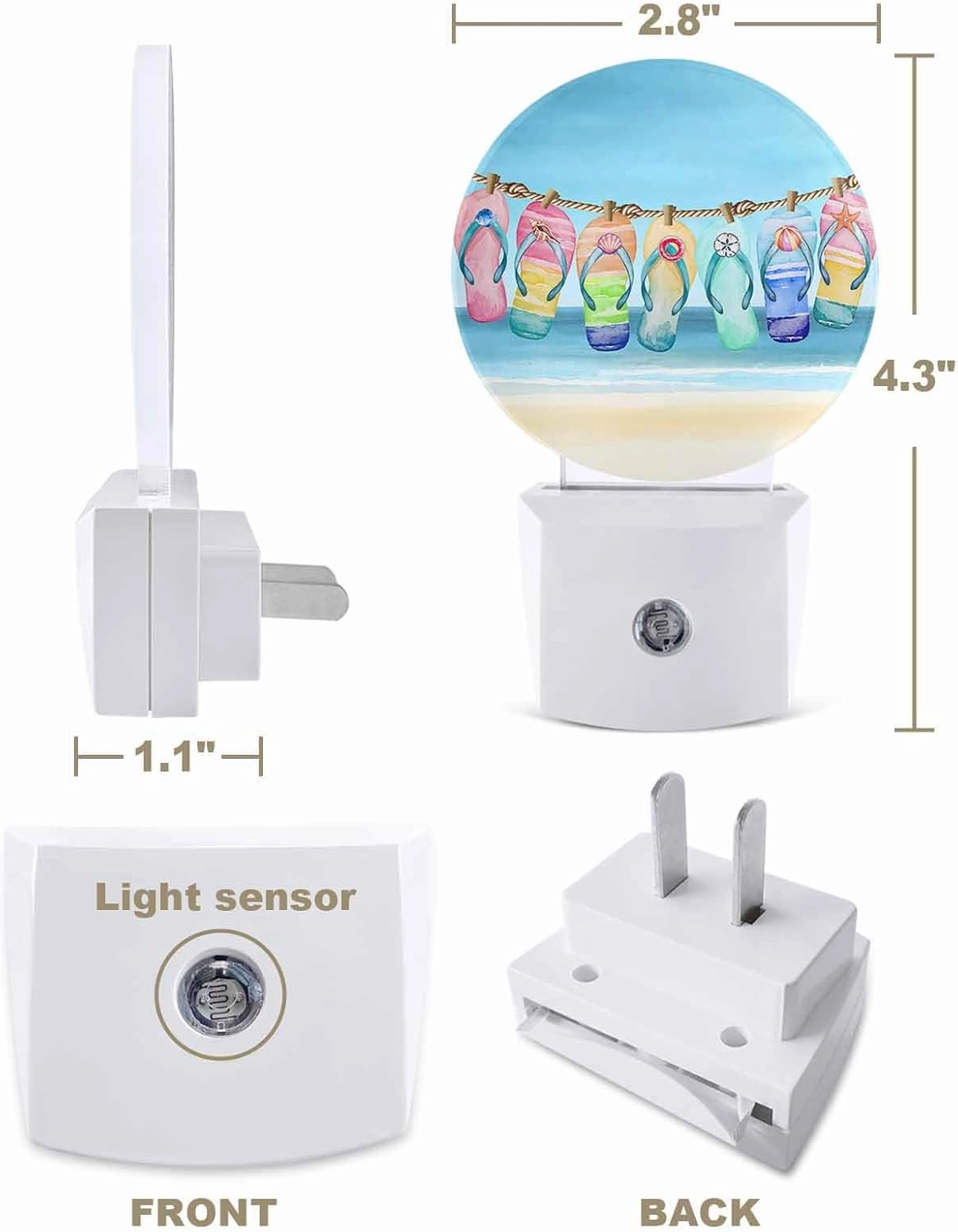 Night Lights Auto Sensor Slippers Night Light Blue Summer Beach Sky Round Lamp Plug-in LED Nightlights Dusk to Dawn for Living Room Bedroom Bathroom Hallway Home Wall Decor