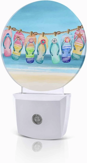 Night Lights Auto Sensor Slippers Night Light Blue Summer Beach Sky Round Lamp Plug-in LED Nightlights Dusk to Dawn for Living Room Bedroom Bathroom Hallway Home Wall Decor
