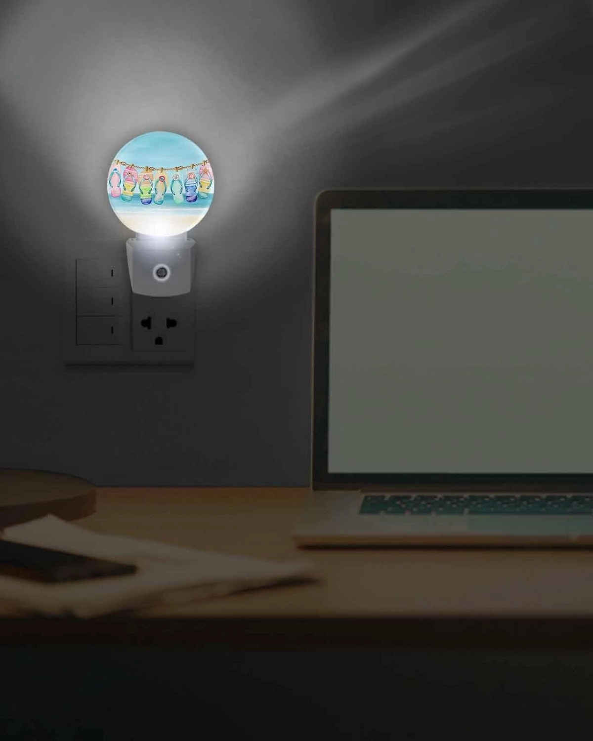 Night Lights Auto Sensor Slippers Night Light Blue Summer Beach Sky Round Lamp Plug-in LED Nightlights Dusk to Dawn for Living Room Bedroom Bathroom Hallway Home Wall Decor