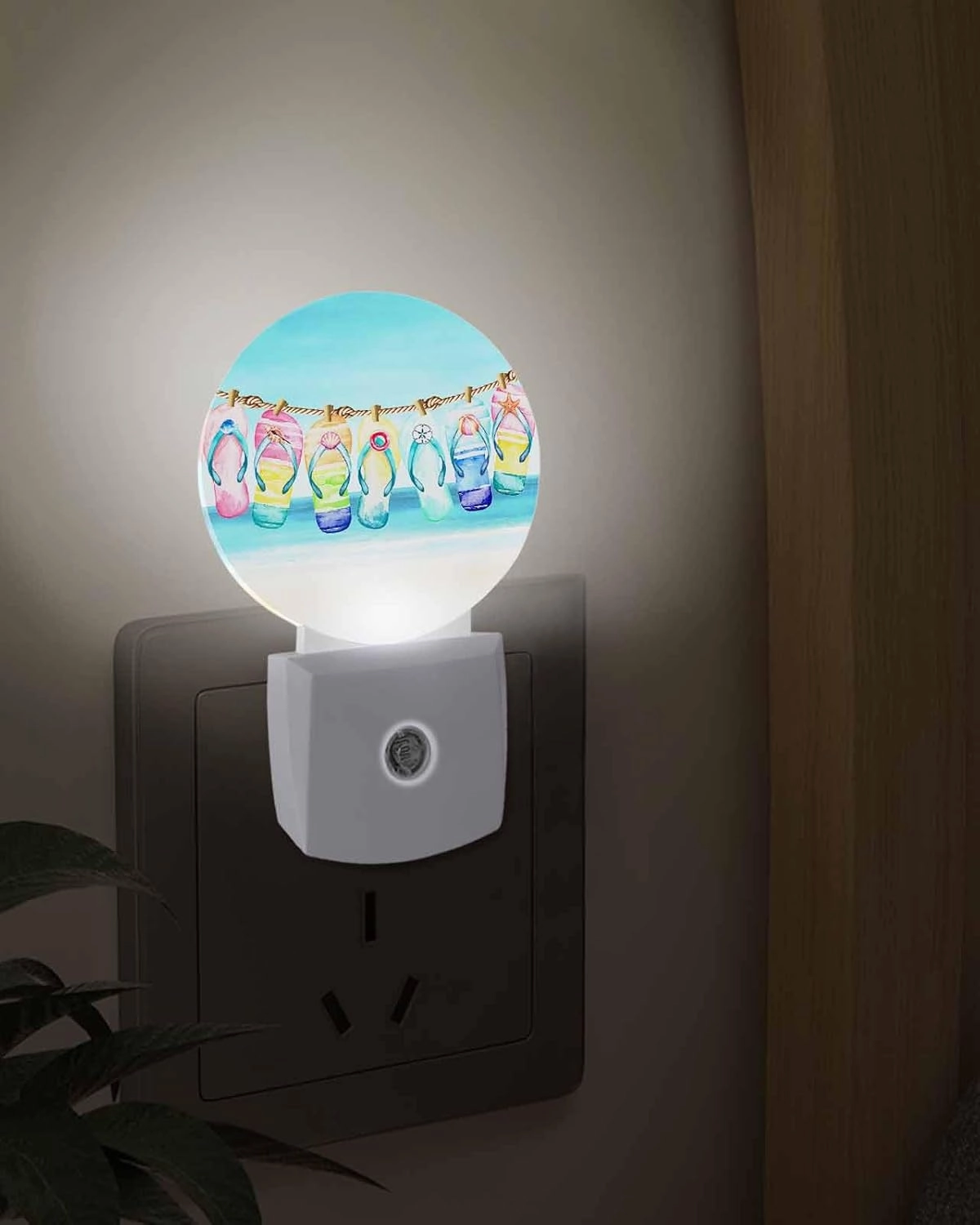Night Lights Auto Sensor Slippers Night Light Blue Summer Beach Sky Round Lamp Plug-in LED Nightlights Dusk to Dawn for Living Room Bedroom Bathroom Hallway Home Wall Decor