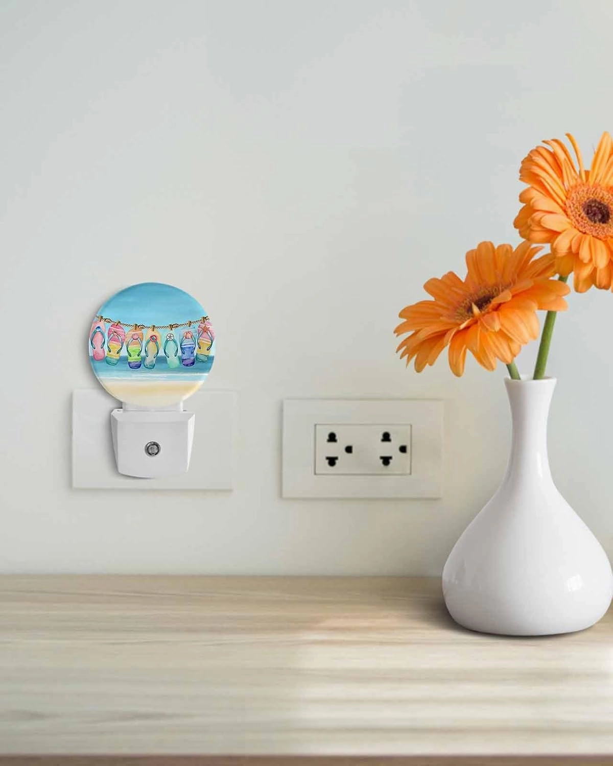 Night Lights Auto Sensor Slippers Night Light Blue Summer Beach Sky Round Lamp Plug-in LED Nightlights Dusk to Dawn for Living Room Bedroom Bathroom Hallway Home Wall Decor