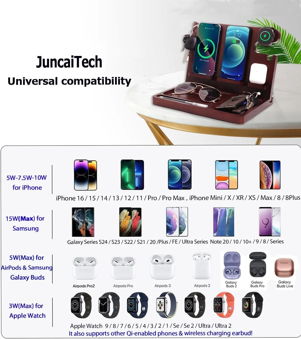 Nightstand Organizer with Dual Phone Wireless Charging Station for 2 iPhone,Apple Watch and Airpods,Bamboo Phone Docking Station,Gifts for Men Dad Husband