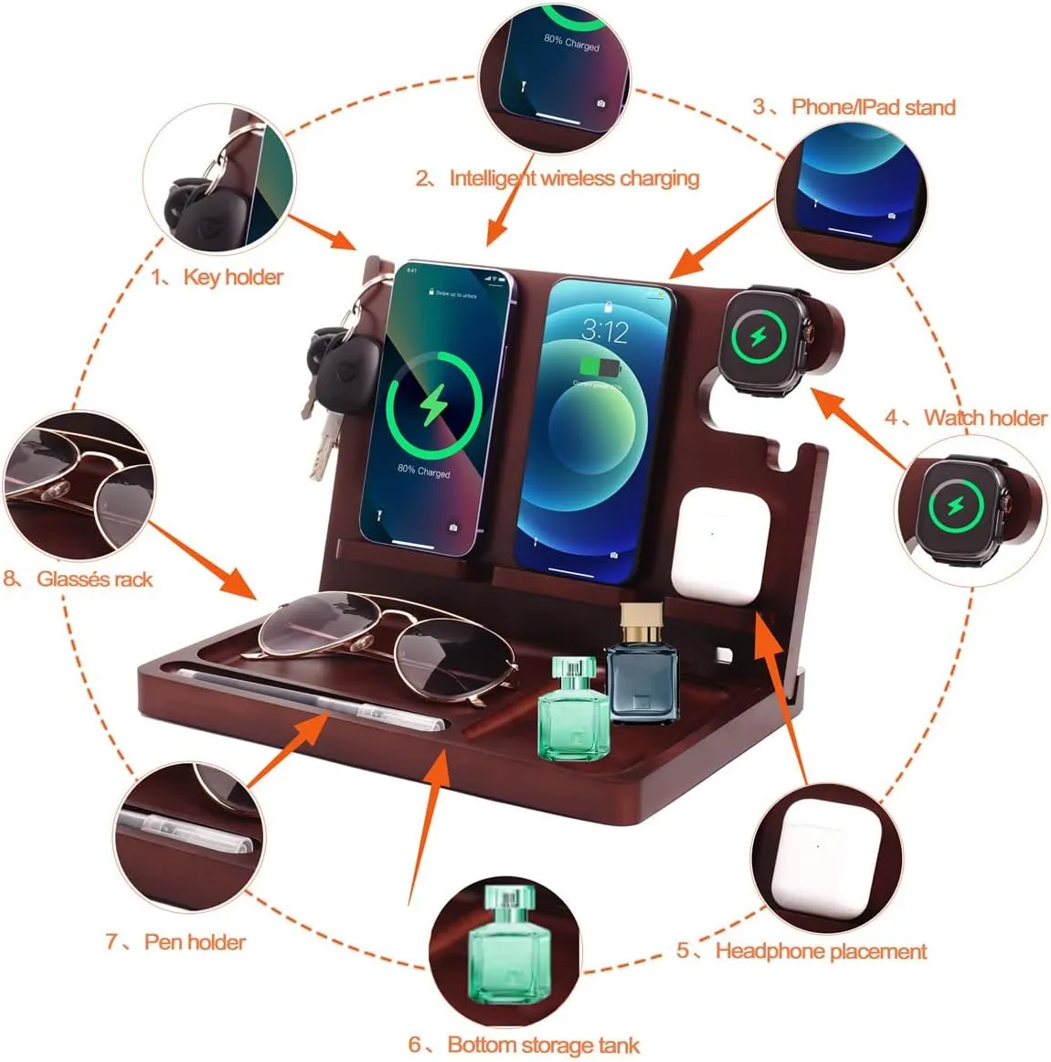 Nightstand Organizer with Dual Phone Wireless Charging Station for 2 iPhone,Apple Watch and Airpods,Bamboo Phone Docking Station,Gifts for Men Dad Husband