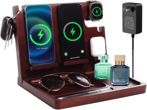 Nightstand Organizer with Dual Phone Wireless Charging Station for 2 iPhone,Apple Watch and Airpods,Bamboo Phone Docking Station,Gifts for Men Dad Husband
