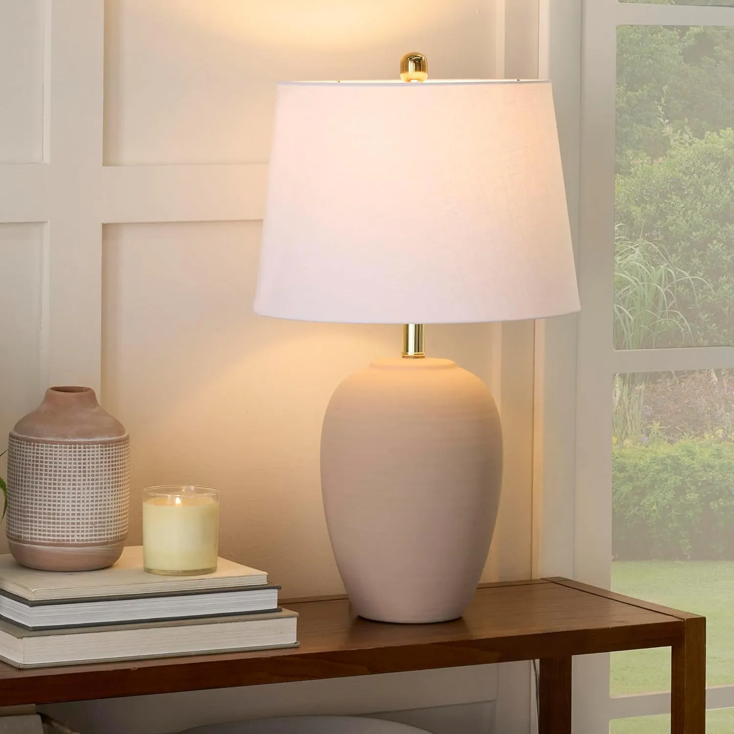 Nourison 23" Light Pink Ceramic Jar Table Lamp for Bedroom, Living Room, Dining Office, with White Shade (Pack of 1)
