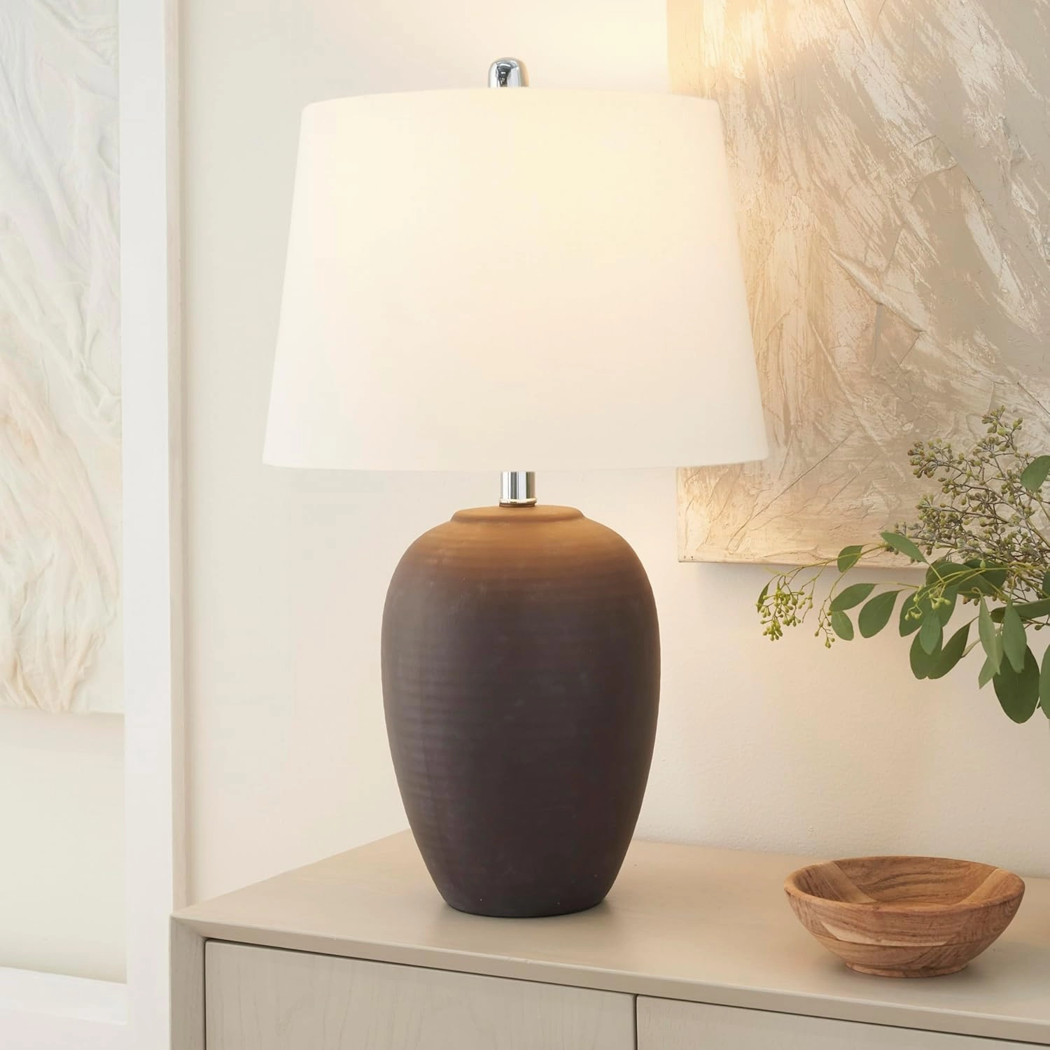 Nourison 23" Eggplant Purple Ceramic Pot Table Lamp for Bedroom, Living Room, Dining Office, with White Tapered Drum Shade