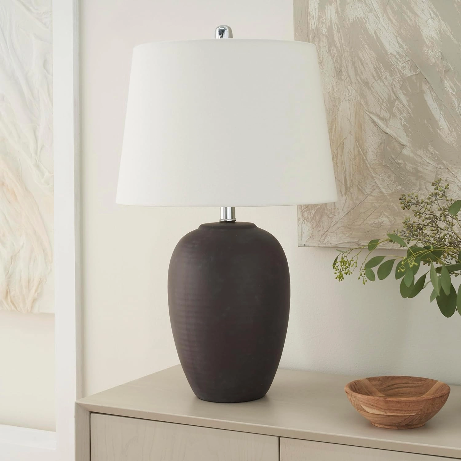 Nourison 23" Eggplant Purple Ceramic Pot Table Lamp for Bedroom, Living Room, Dining Office, with White Tapered Drum Shade