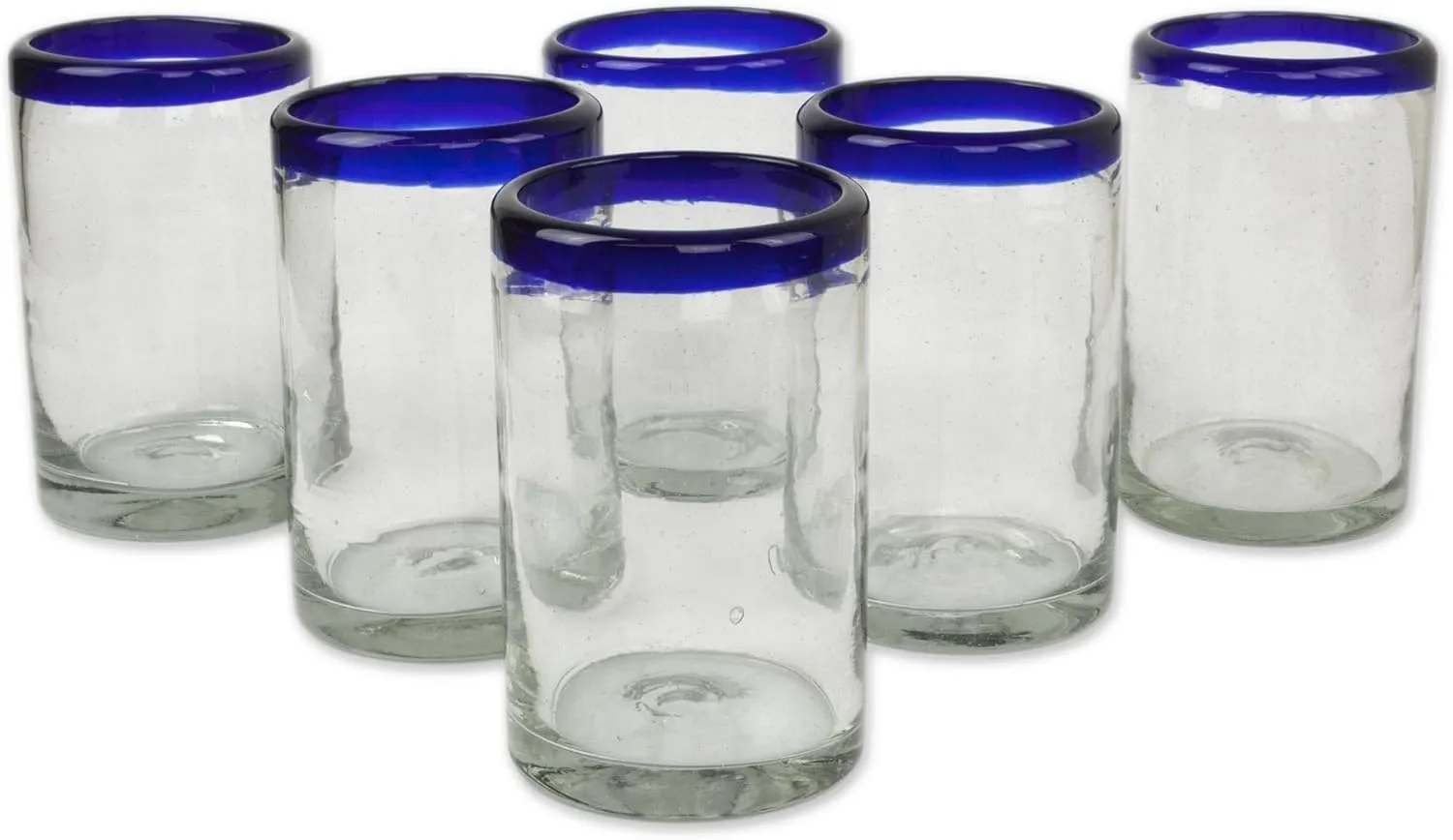 NOVICA Artisan Crafted Hand Blown Clear Cobalt Blue Rim Recycled Glass Tumblers,14 Oz. 'Classic' (Set Of 6)