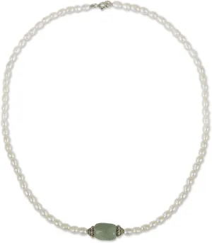 NOVICA Artisan Handmade Cultured Freshwater Pearl Jade Pendant Necklace .925 Sterling Silver Green White Strand Thailand Birthstone 'Touch of Life'