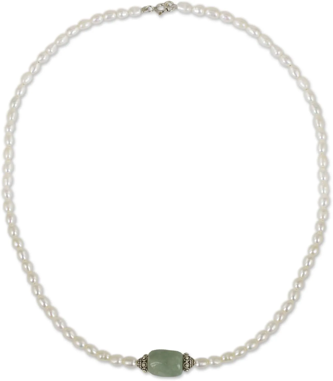 NOVICA Artisan Handmade Cultured Freshwater Pearl Jade Pendant Necklace .925 Sterling Silver Green White Strand Thailand Birthstone 'Touch of Life'