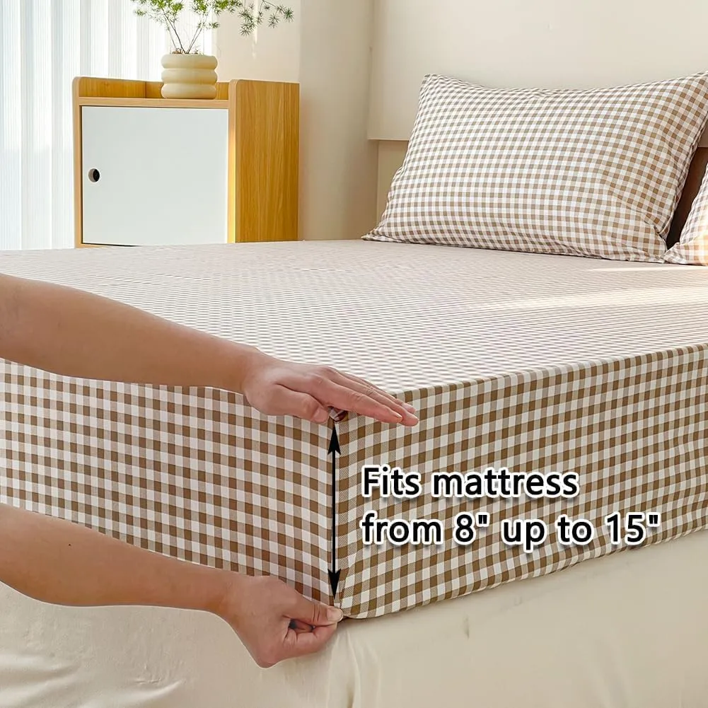 NSNLGSGC Tan Gingham Full Sheet Set, Soft Brushed Microfiber Taupe Plaid Full Bed Sheets, 4-Pieces Brown Grid Sheet Set with Deep Pocket