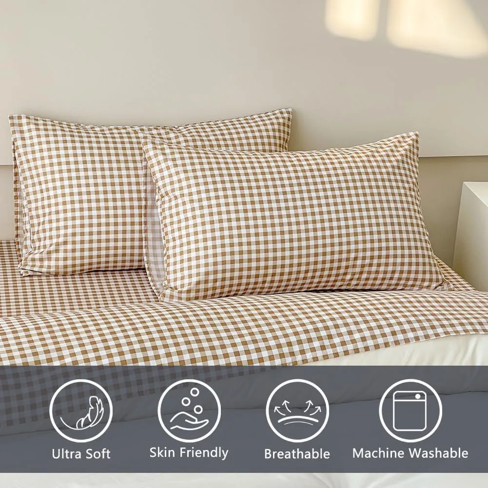 NSNLGSGC Tan Gingham Full Sheet Set, Soft Brushed Microfiber Taupe Plaid Full Bed Sheets, 4-Pieces Brown Grid Sheet Set with Deep Pocket