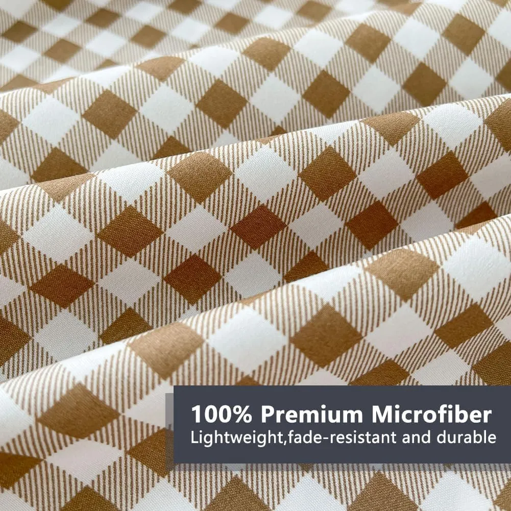 NSNLGSGC Tan Gingham Full Sheet Set, Soft Brushed Microfiber Taupe Plaid Full Bed Sheets, 4-Pieces Brown Grid Sheet Set with Deep Pocket