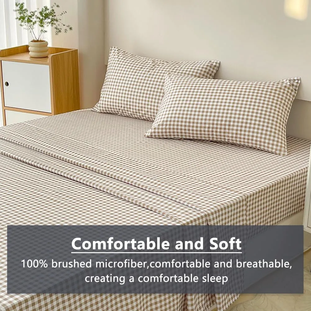 NSNLGSGC Tan Gingham Full Sheet Set, Soft Brushed Microfiber Taupe Plaid Full Bed Sheets, 4-Pieces Brown Grid Sheet Set with Deep Pocket
