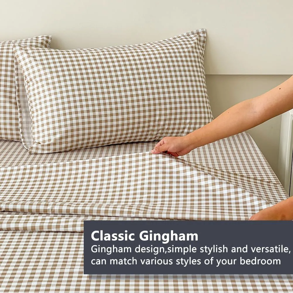 NSNLGSGC Tan Gingham Full Sheet Set, Soft Brushed Microfiber Taupe Plaid Full Bed Sheets, 4-Pieces Brown Grid Sheet Set with Deep Pocket