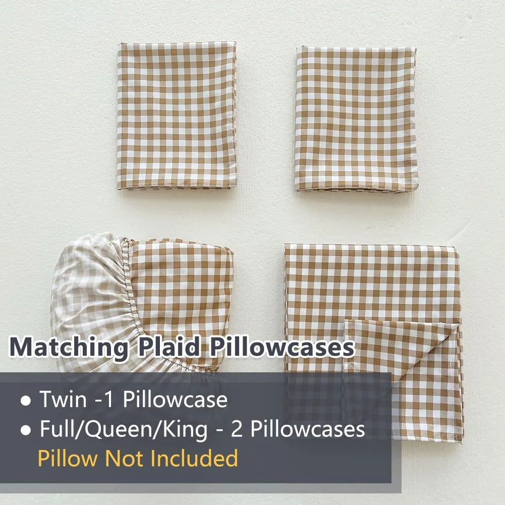 NSNLGSGC Tan Gingham Full Sheet Set, Soft Brushed Microfiber Taupe Plaid Full Bed Sheets, 4-Pieces Brown Grid Sheet Set with Deep Pocket