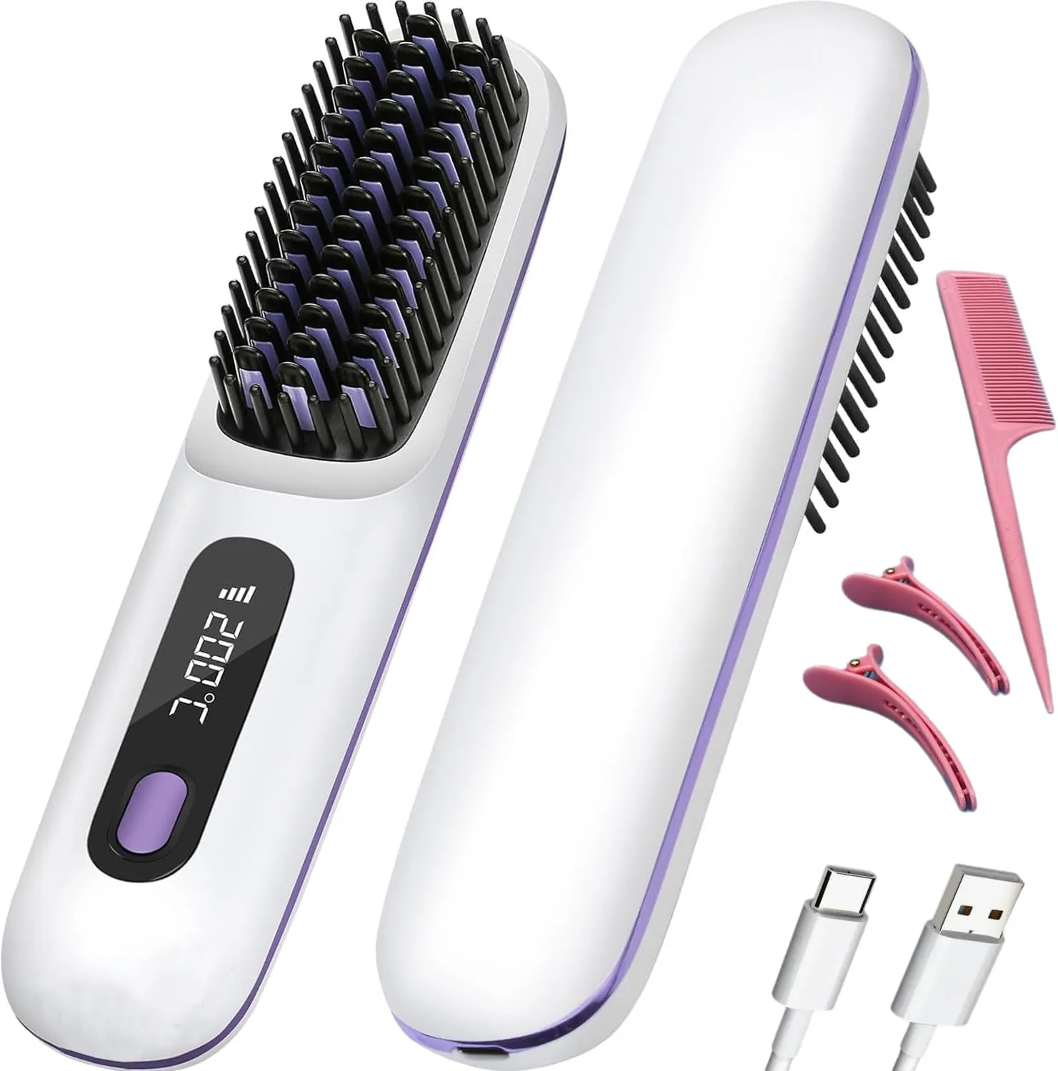Numoya Go Brush Pro Cordless Hair Straightener Brush Portable Go Travel Hot Comb Mini Negative Ion Straightening Lazy Crimper Rechargeable 15 Minutes Auto Shutoff Gift for Women(White)