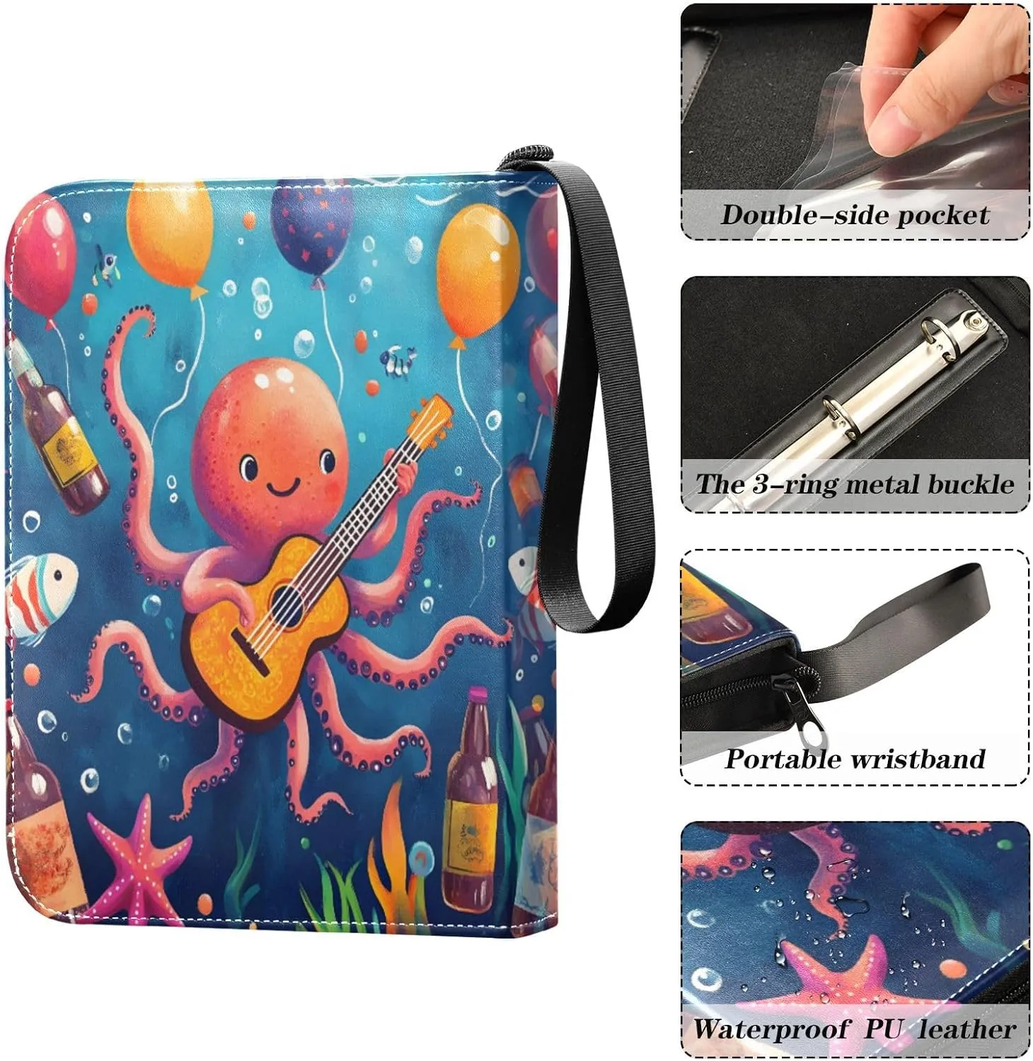 Octopus Party Colorful Cards Binder, Zip up Binder 400 Cards Capacity Trading Card Storage