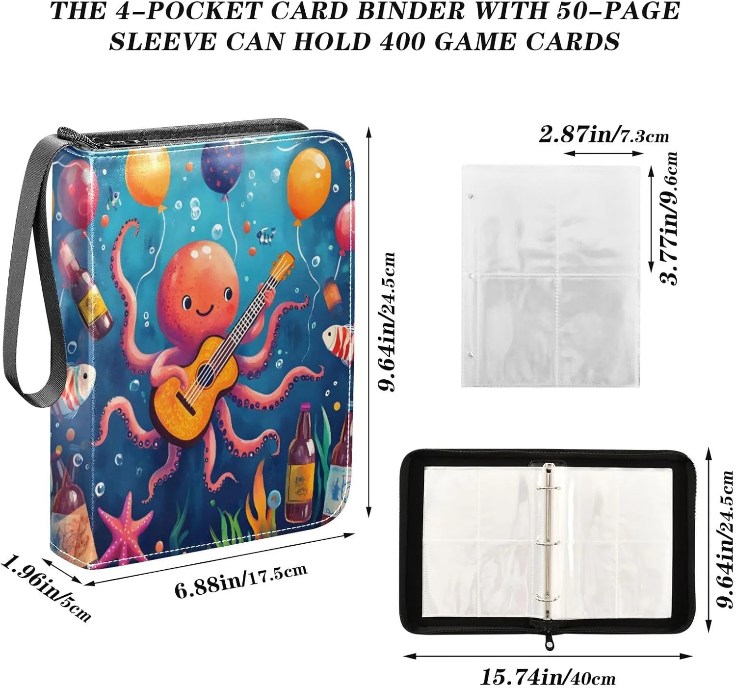 Octopus Party Colorful Cards Binder, Zip up Binder 400 Cards Capacity Trading Card Storage