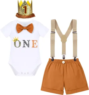 ODASDO Baby Boy Jungle Safari Theme 1st 2nd Birthday Cake Smash Outfit Romper T-shirt Shorts Suspenders Headband Set