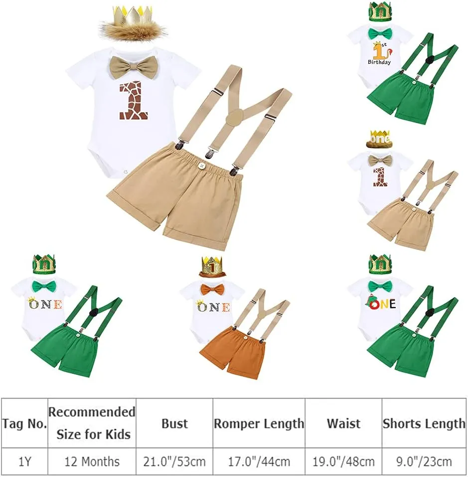 ODASDO Baby Boy Jungle Safari Theme 1st 2nd Birthday Cake Smash Outfit Romper T-shirt Shorts Suspenders Headband Set
