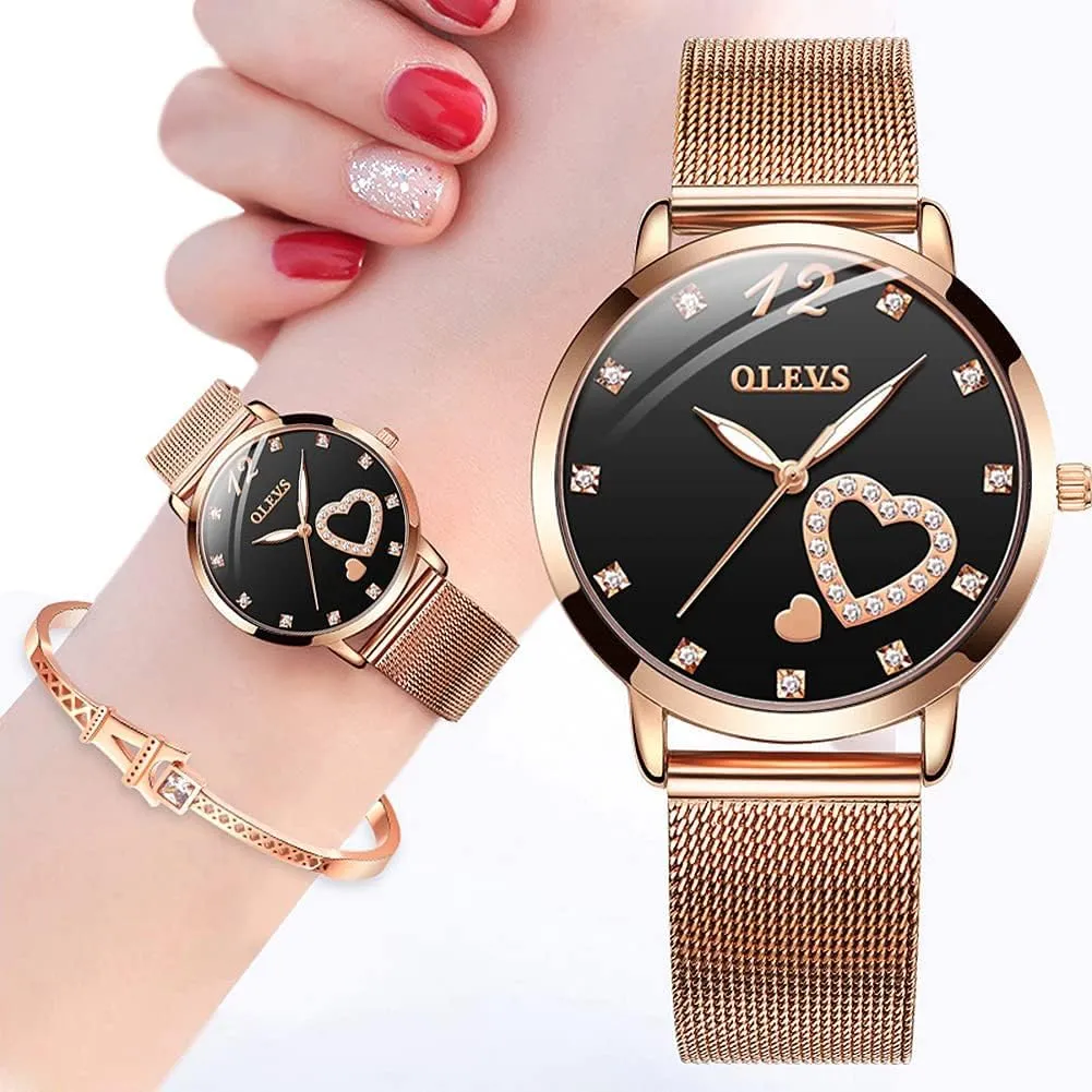 OLEVS Womens Watch Gifts Set with Bracelet Rose Gold for Lady Female Minimalist Simple Slim Thin Casual Dress Analog Quartz Wrist Watches Waterproof Two Tone