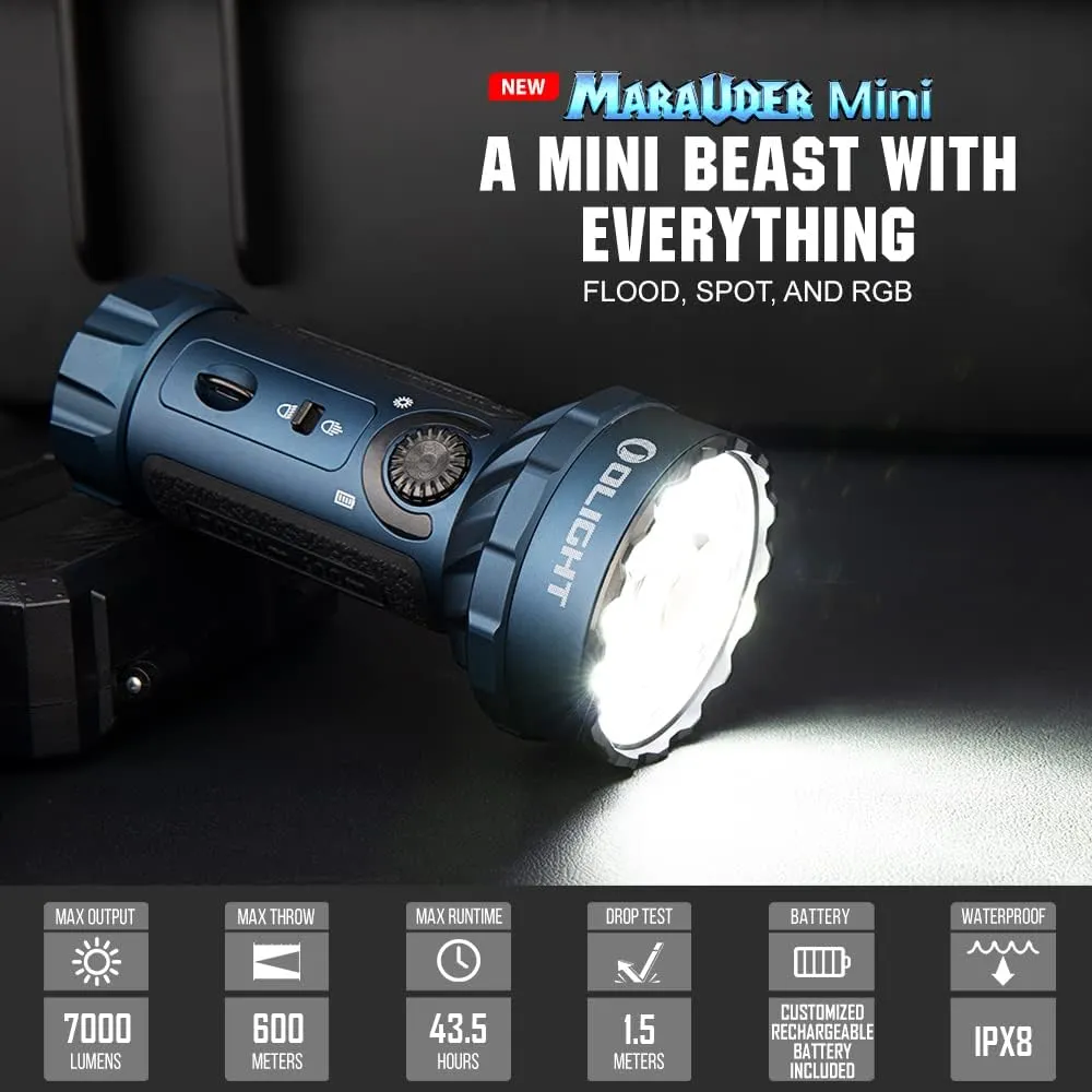 OLIGHT Marauder Mini 7,000 Lumens Bright Flashlight with 600 Meters Beam Distance, Powerful RGB Lights, Magnetic Rechargeable for Outdoors Work, Hunting, and Searching(Midnight Blue)