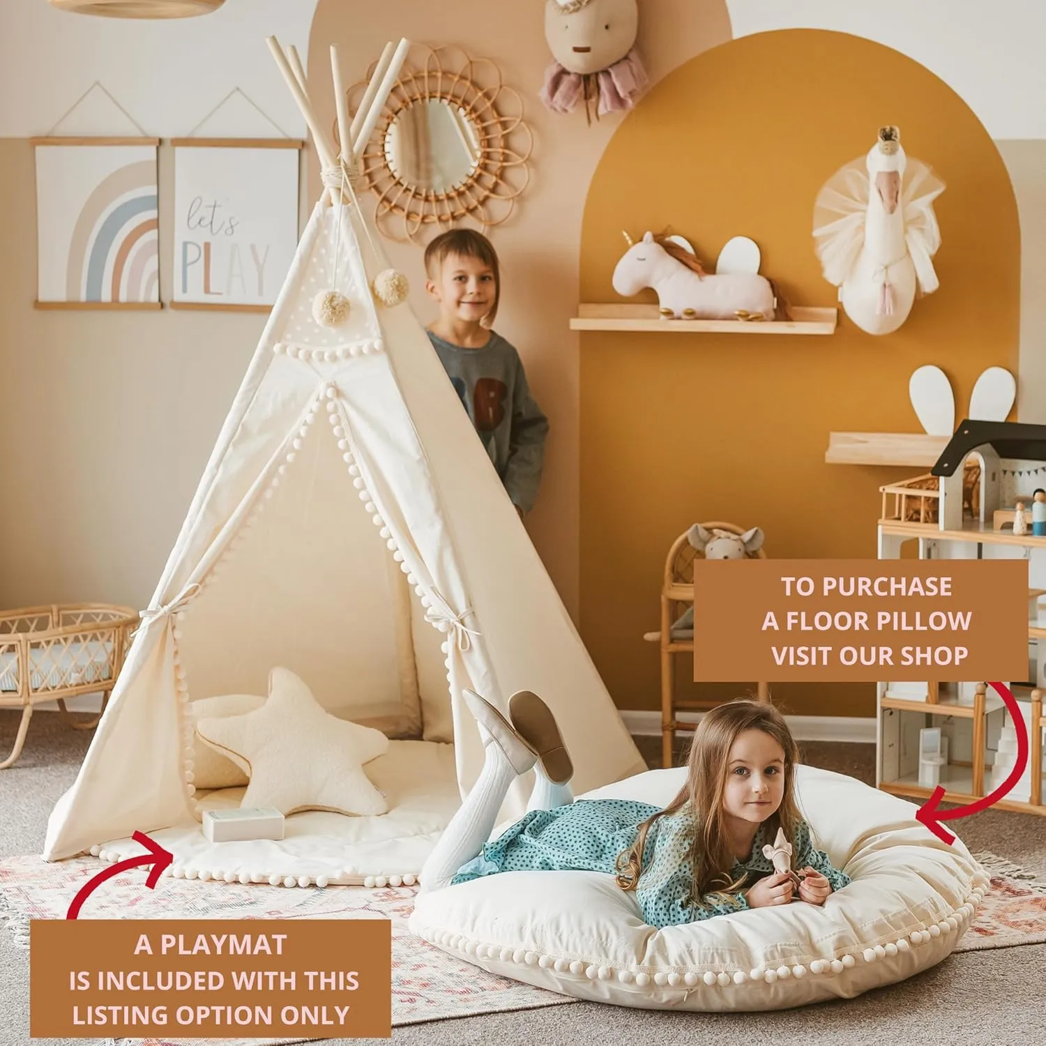 Original Teepee Tent for Kids - Play Tent for Girls & Boys - Natural Canvas Kids Indoor Tent for Toddlers 3-5 - Extra-Stable Children's Sleepover Tipi with Padded Mat Included - Pompom Decor