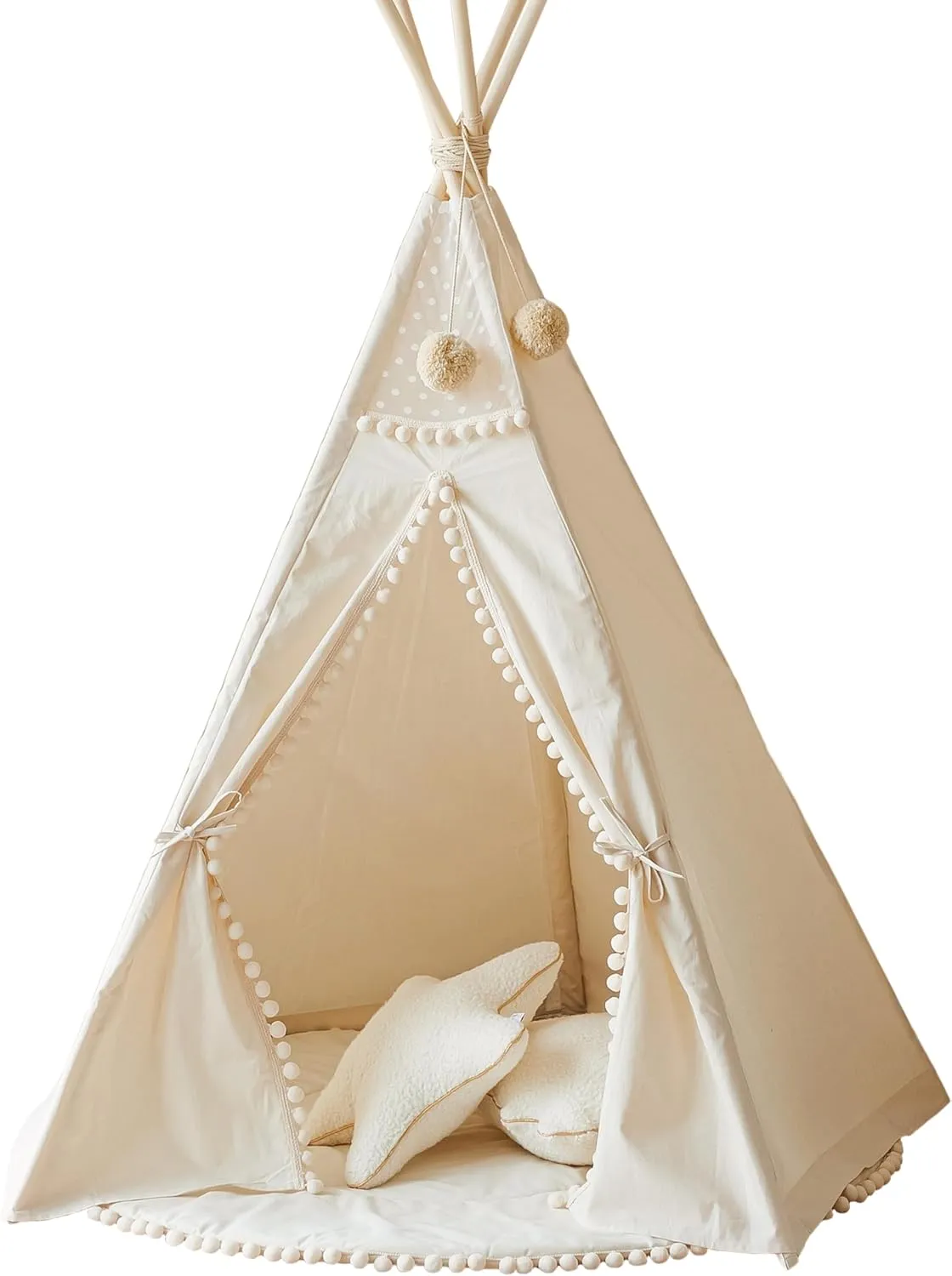 Original Teepee Tent for Kids - Play Tent for Girls & Boys - Natural Canvas Kids Indoor Tent for Toddlers 3-5 - Extra-Stable Children's Sleepover Tipi with Padded Mat Included - Pompom Decor