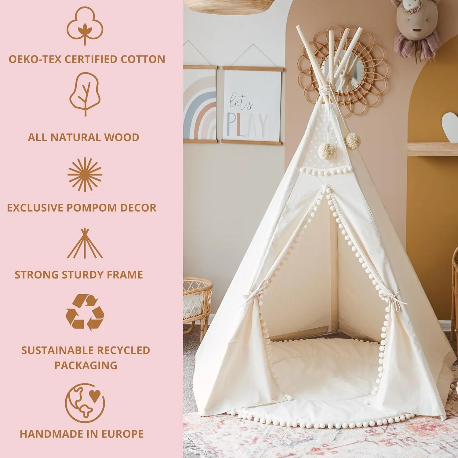Original Teepee Tent for Kids - Play Tent for Girls & Boys - Natural Canvas Kids Indoor Tent for Toddlers 3-5 - Extra-Stable Children's Sleepover Tipi with Padded Mat Included - Pompom Decor