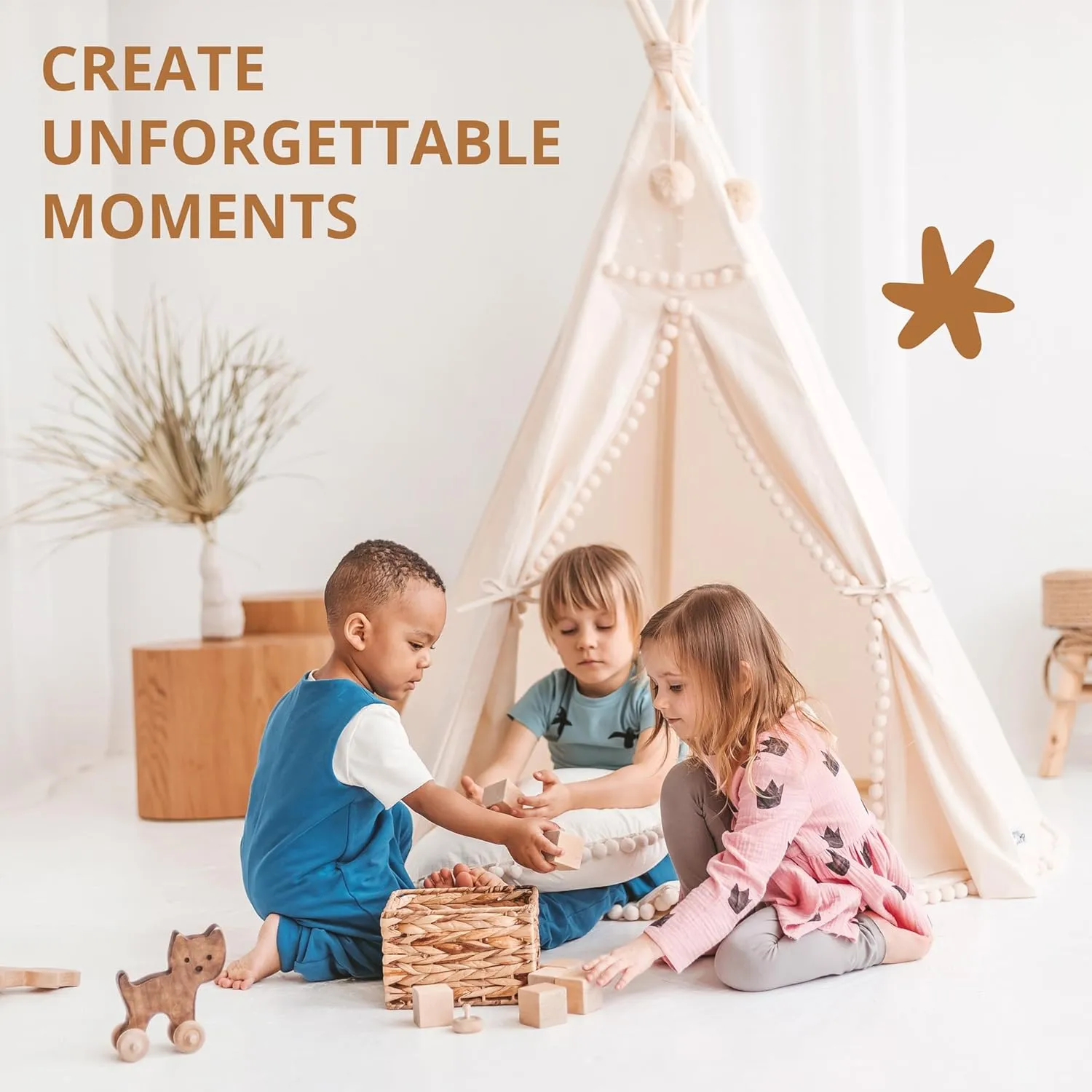 Original Teepee Tent for Kids - Play Tent for Girls & Boys - Natural Canvas Kids Indoor Tent for Toddlers 3-5 - Extra-Stable Children's Sleepover Tipi with Padded Mat Included - Pompom Decor