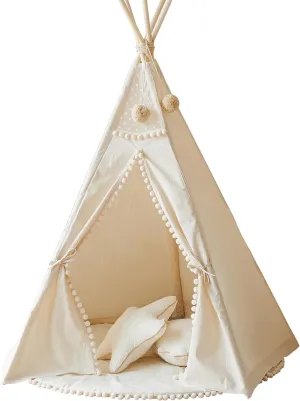 Original Teepee Tent for Kids - Play Tent for Girls & Boys - Natural Canvas Kids Indoor Tent for Toddlers 3-5 - Extra-Stable Children's Sleepover Tipi with Padded Mat Included - Pompom Decor