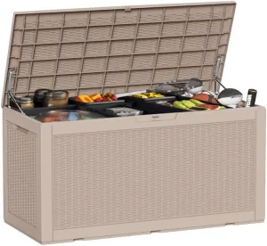 Outdoor Deck Box Waterproof Resin Storage Box with Lockable Indoor Outdoor Storage Bin for Patio Cushions,Patio Furniture, Gardening Tools,Pool Accessories (100 Gal Grey)