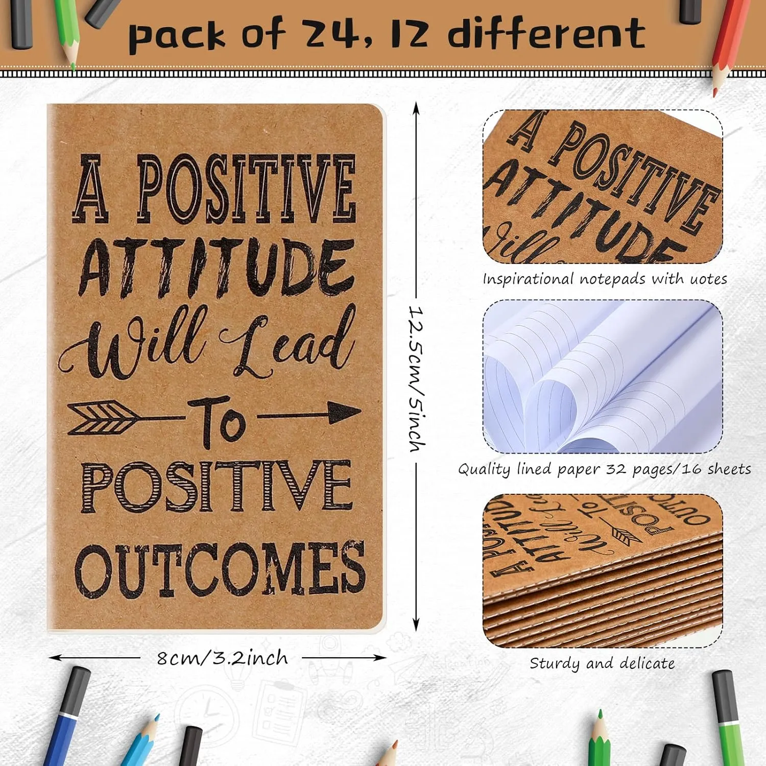 Outus 24 Pcs Mini Inspirational Notepads Motivational Notebook Small Pocket Journal Notepads Inspiring Notebook for School Office Travel Present Supplies, 12 Styles (Simple Style)
