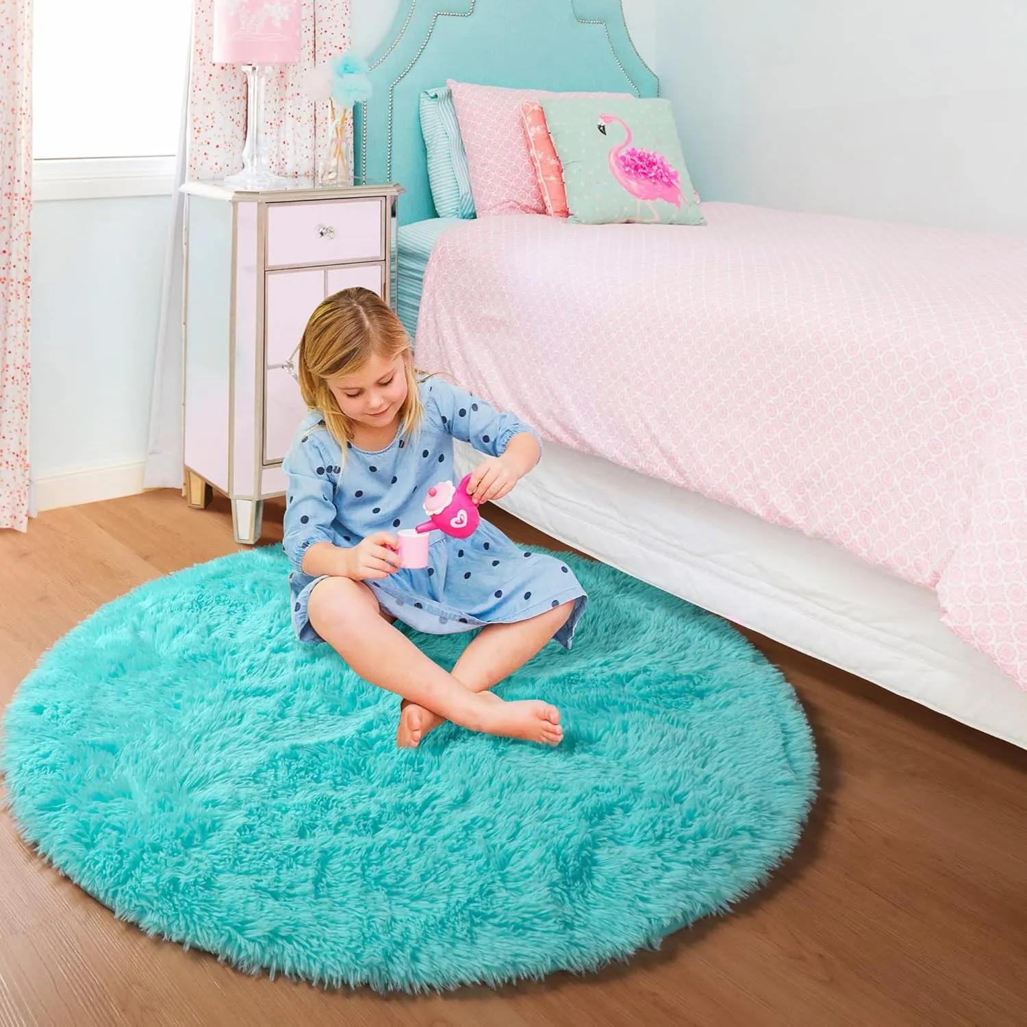 PAGISOFE Blue Round Rug for Boys Bedroom, 4'X4',Circle Rug for Girls Room,Fluffy Carpets Shaggy Rugs for Small Kids Teepee, Fuzzy Mat Soft Reading Corner Rug, Circular Rugs for Kids Playroom