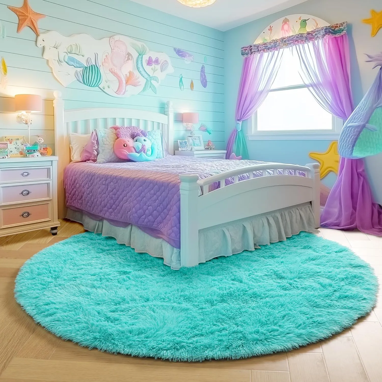 PAGISOFE Blue Round Rug for Boys Bedroom, 4'X4',Circle Rug for Girls Room,Fluffy Carpets Shaggy Rugs for Small Kids Teepee, Fuzzy Mat Soft Reading Corner Rug, Circular Rugs for Kids Playroom