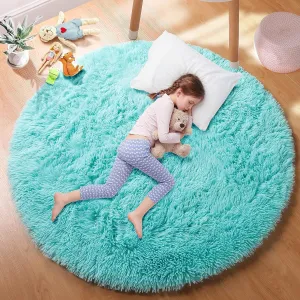 PAGISOFE Blue Round Rug for Boys Bedroom, 4'X4',Circle Rug for Girls Room,Fluffy Carpets Shaggy Rugs for Small Kids Teepee, Fuzzy Mat Soft Reading Corner Rug, Circular Rugs for Kids Playroom