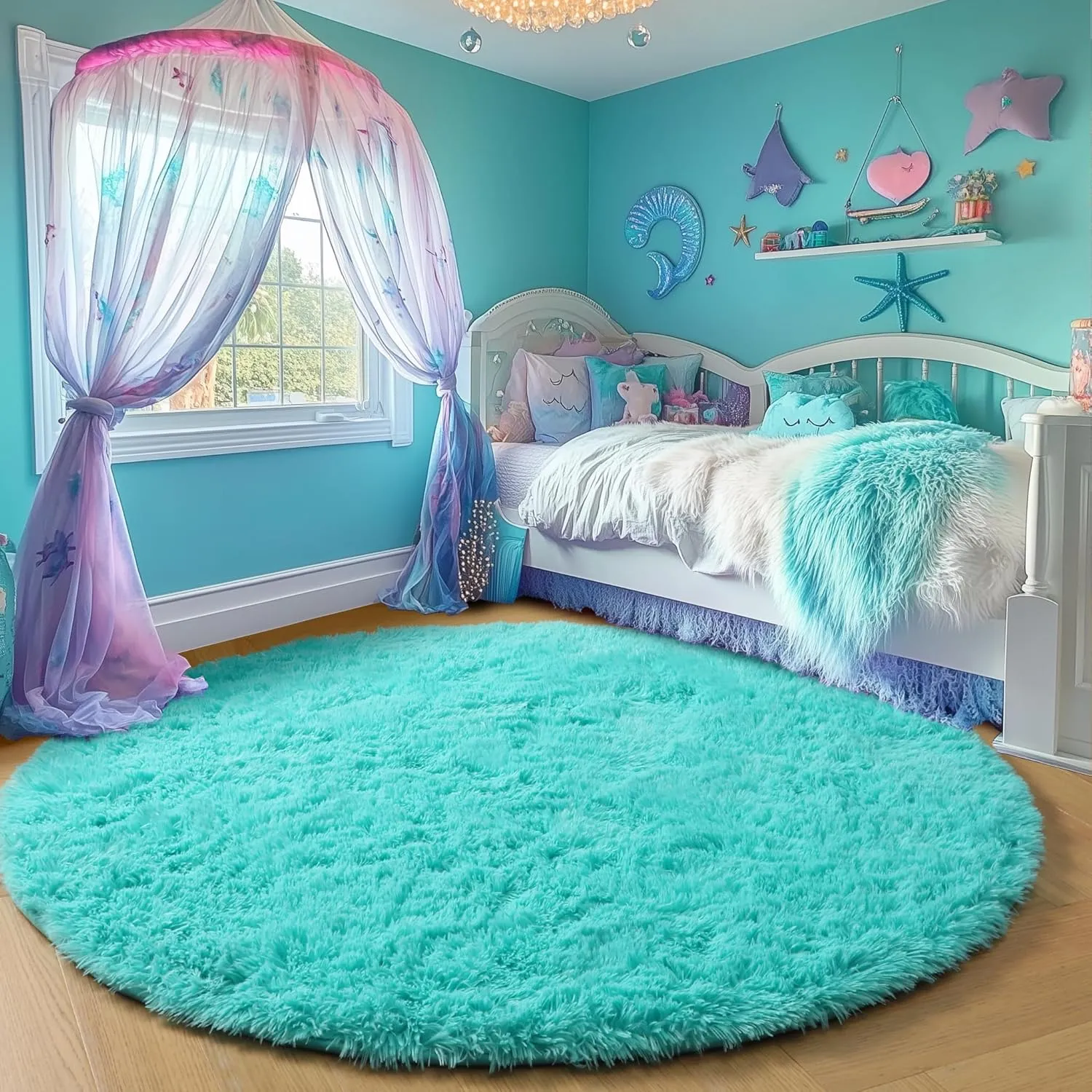 PAGISOFE Blue Round Rug for Boys Bedroom, 4'X4',Circle Rug for Girls Room,Fluffy Carpets Shaggy Rugs for Small Kids Teepee, Fuzzy Mat Soft Reading Corner Rug, Circular Rugs for Kids Playroom