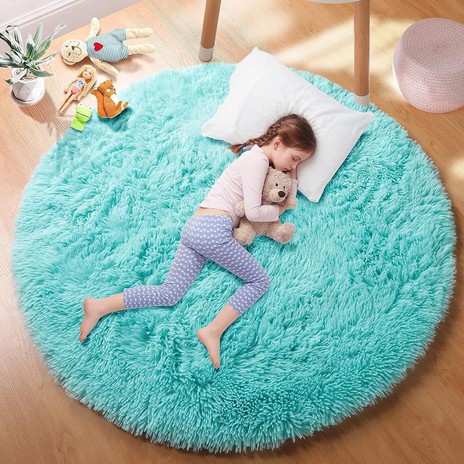 PAGISOFE Blue Round Rug for Boys Bedroom, 4'X4',Circle Rug for Girls Room,Fluffy Carpets Shaggy Rugs for Small Kids Teepee, Fuzzy Mat Soft Reading Corner Rug, Circular Rugs for Kids Playroom