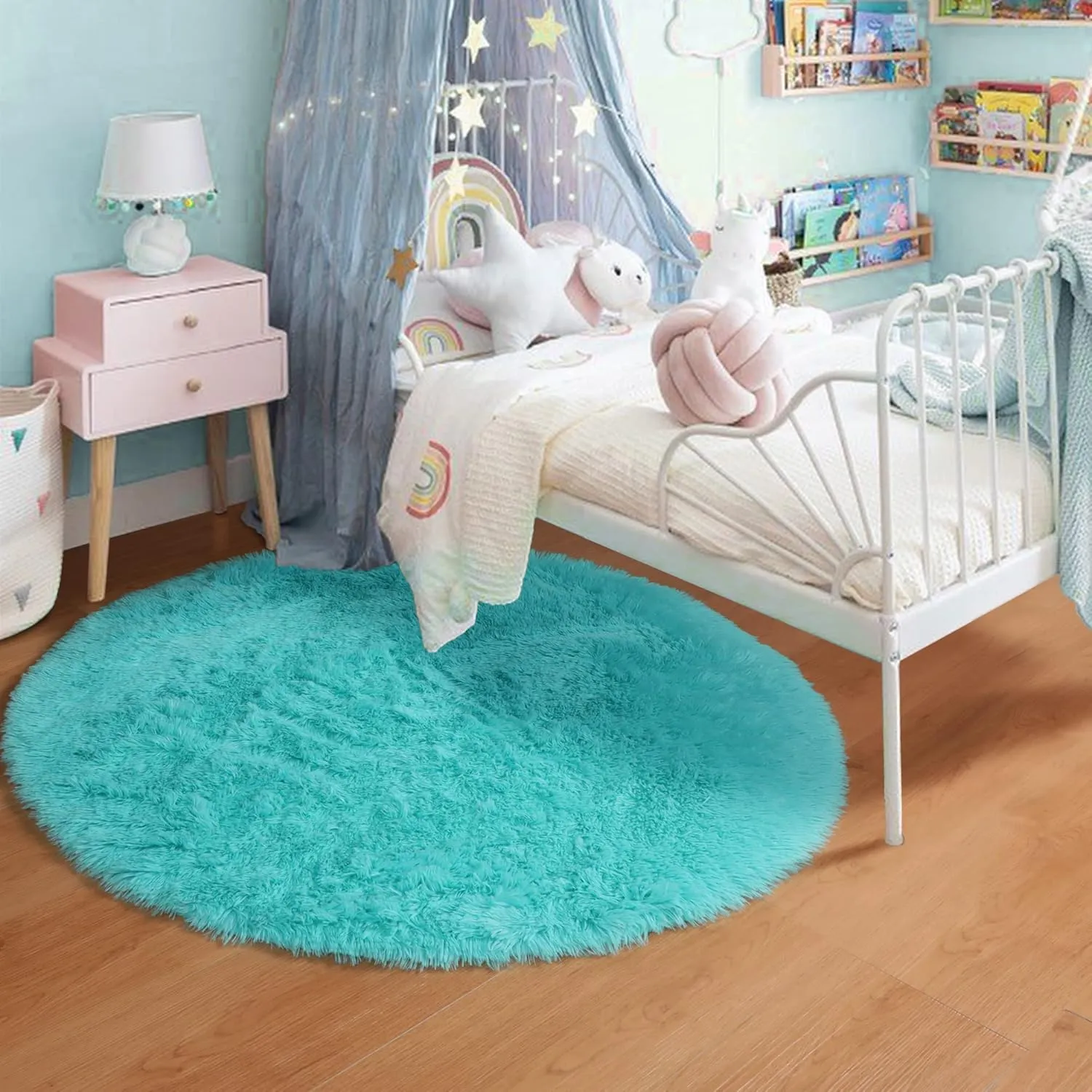 PAGISOFE Blue Round Rug for Boys Bedroom, 4'X4',Circle Rug for Girls Room,Fluffy Carpets Shaggy Rugs for Small Kids Teepee, Fuzzy Mat Soft Reading Corner Rug, Circular Rugs for Kids Playroom