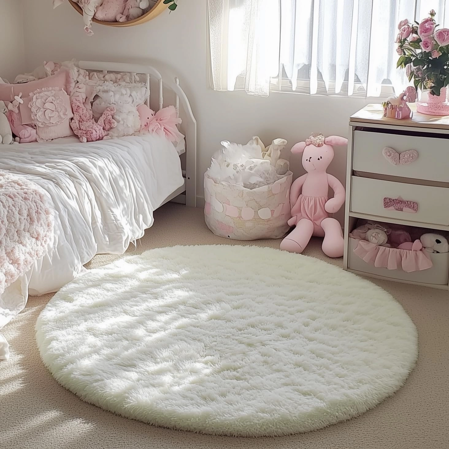 PAGISOFE Cream White Round Rug 4Ft, Circle Rugs, Small Fluffy Shaggy Carpets and Rug for Girls Boys Baby Kids Bedroom Furry Comfy Teepee Mats Circular Rugs for Reading Area Nursery Room