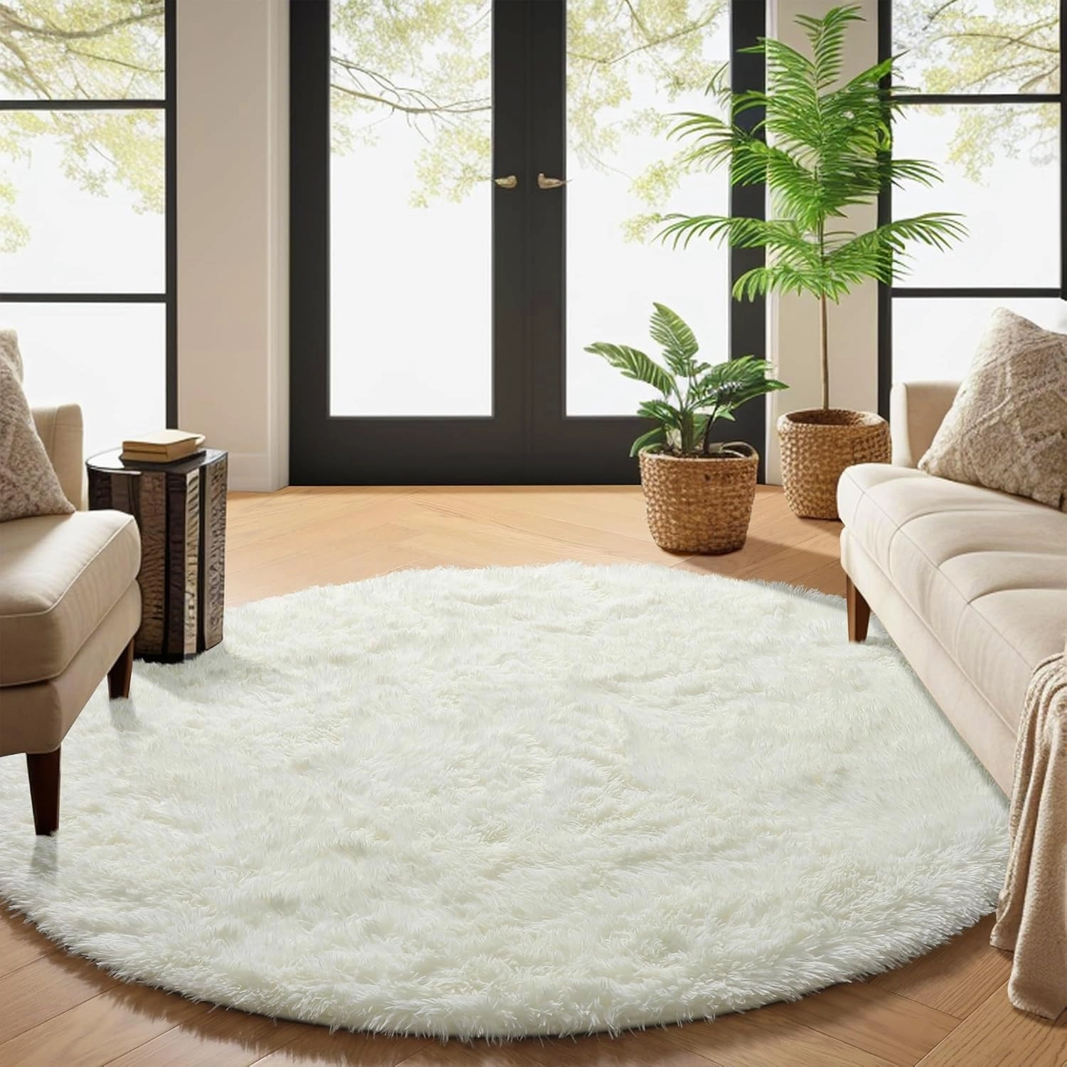 PAGISOFE Cream White Round Rug 4Ft, Circle Rugs, Small Fluffy Shaggy Carpets and Rug for Girls Boys Baby Kids Bedroom Furry Comfy Teepee Mats Circular Rugs for Reading Area Nursery Room