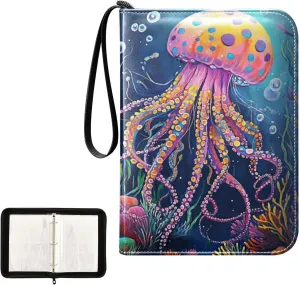 Painting Colorful Octopus Coral Jellyfish Card Binder 4 Pocket, Trading Card Holder Fits 400 Game Cards with 50 Removable Sleeves, MTG Card Case Standard Size