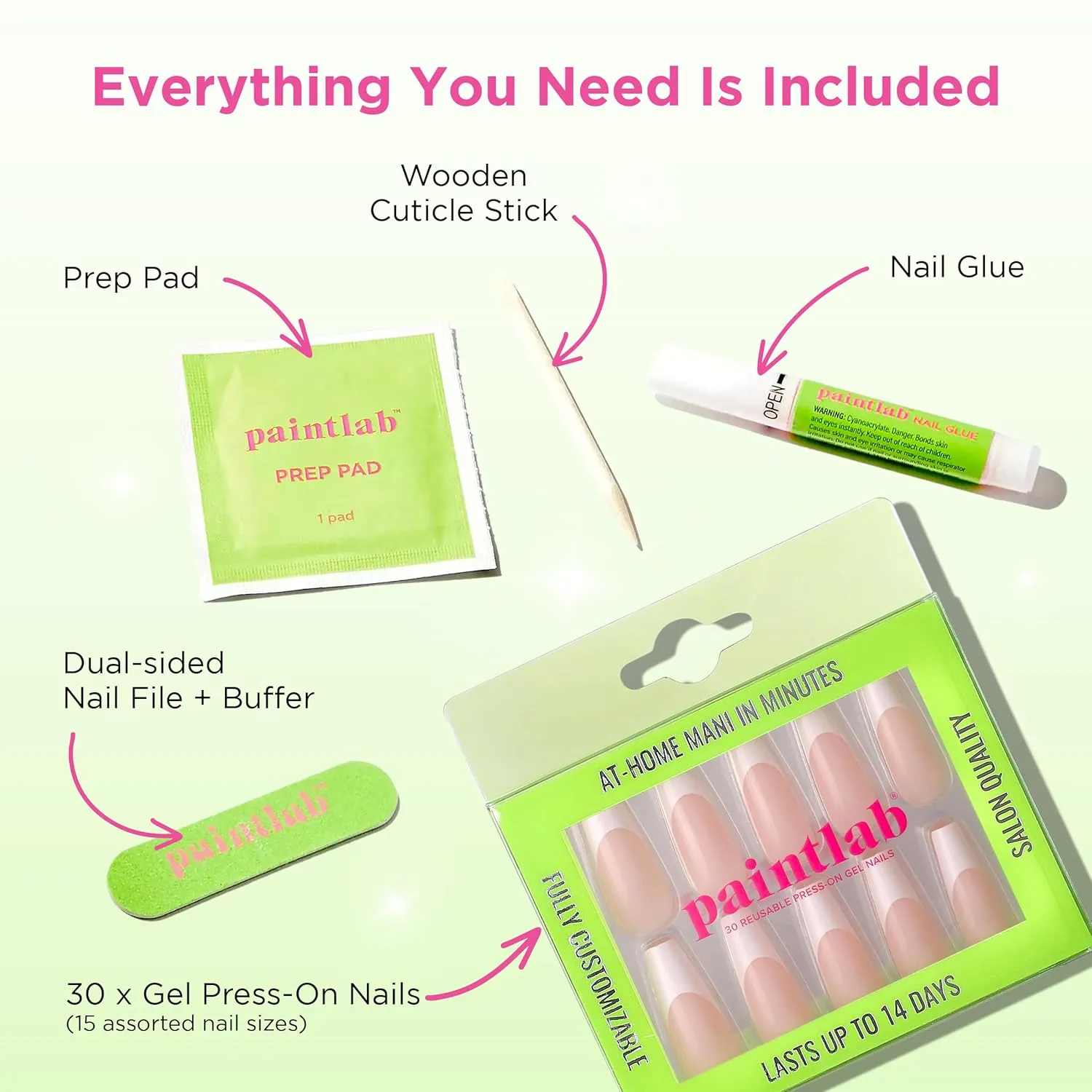 PaintLab Press-On Nails Manicure Kit, Classic French, 30-Piece Set, Long-Lasting Fake Nails with Glue, File, Prep Pad & Cuticle Stick